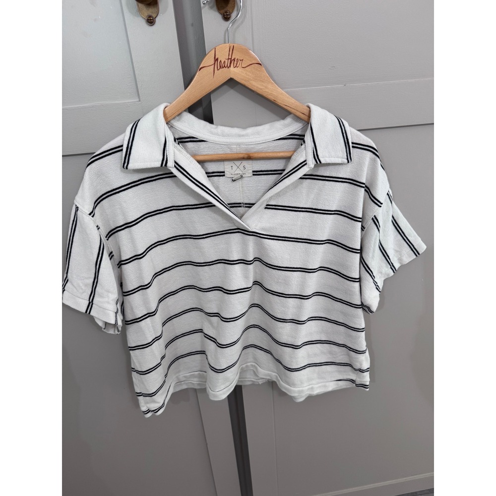 Thread & Supply Striped Polo Top Womens Small White Black V-Neck Short Sleeve